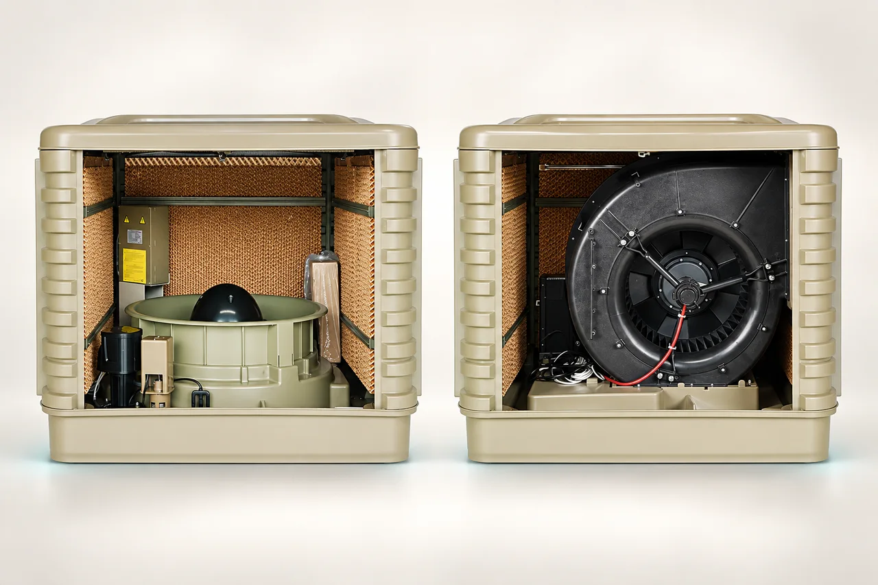 Open 18 series cabinets comparing the axial fan assembly with the centrifugal scroll blower