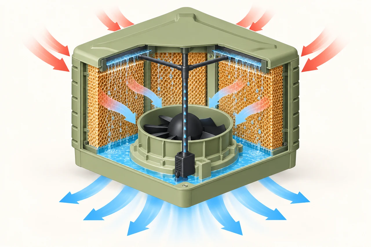 Cutaway of an evaporative cooler showing warm air crossing wet honeycomb pads and cool air leaving below the fan