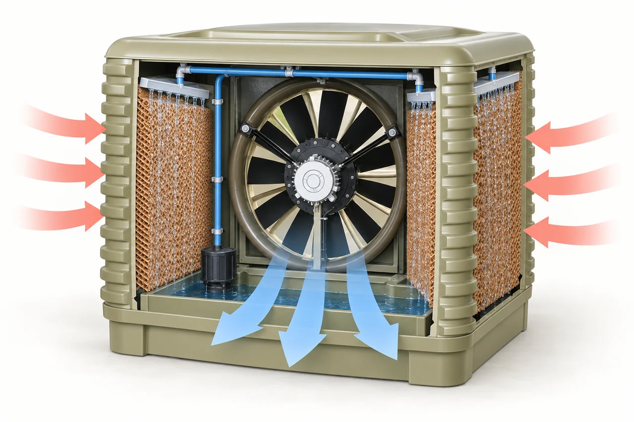 30 series cutaway showing warm air through wet pads, recirculating water and cool outlet air