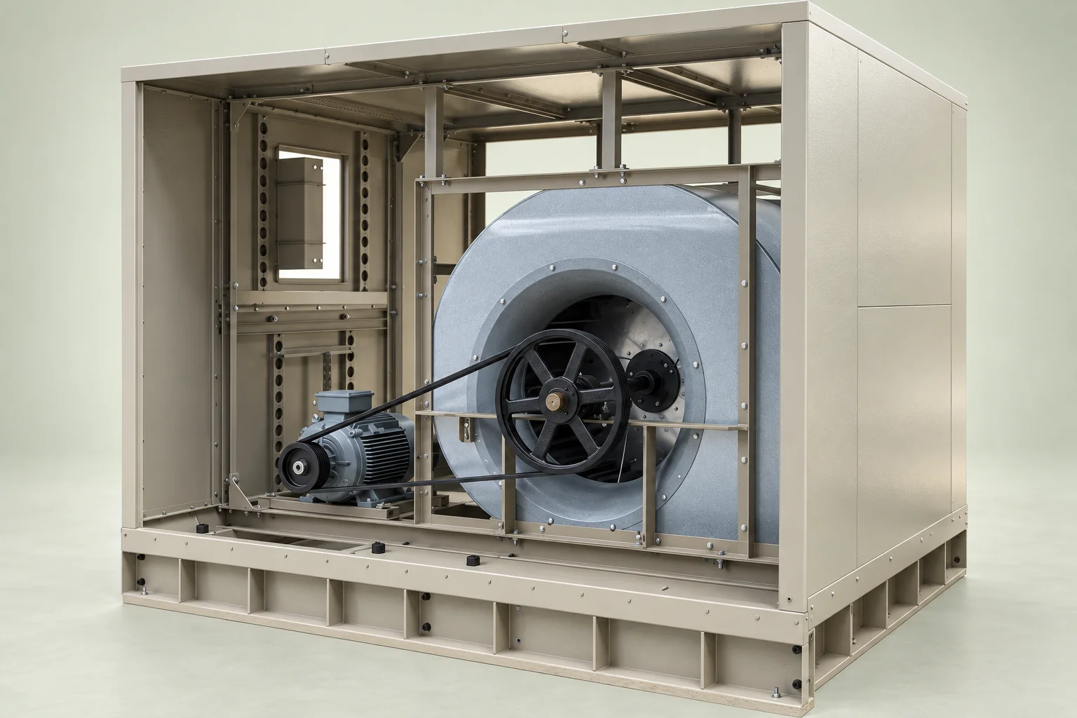 Belt drive linking a separate motor pulley to the larger centrifugal blower pulley inside the cabinet