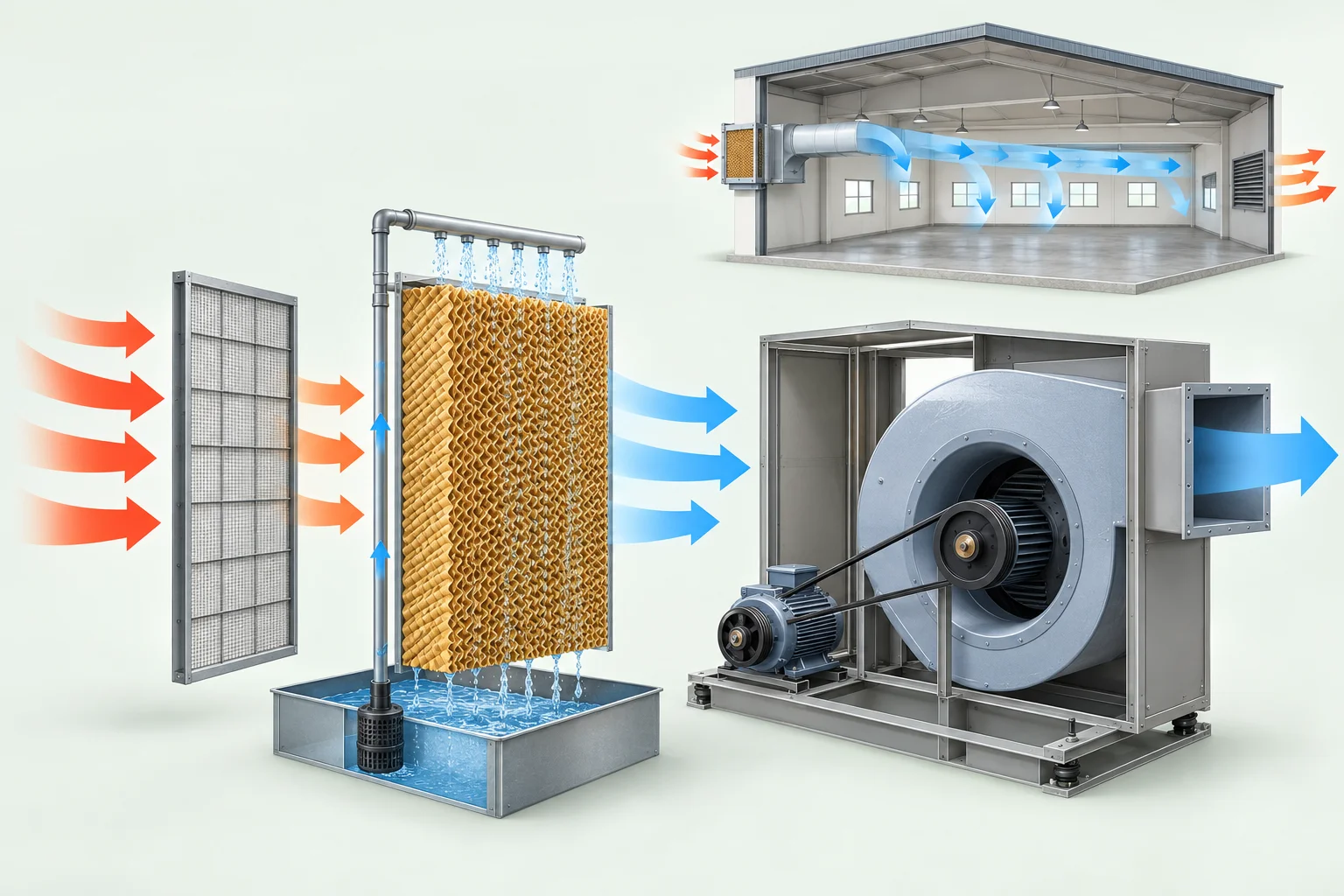 Hot air passing through filter and wet pad, cooled air delivered by a centrifugal fan, with recirculating water and room exhaust