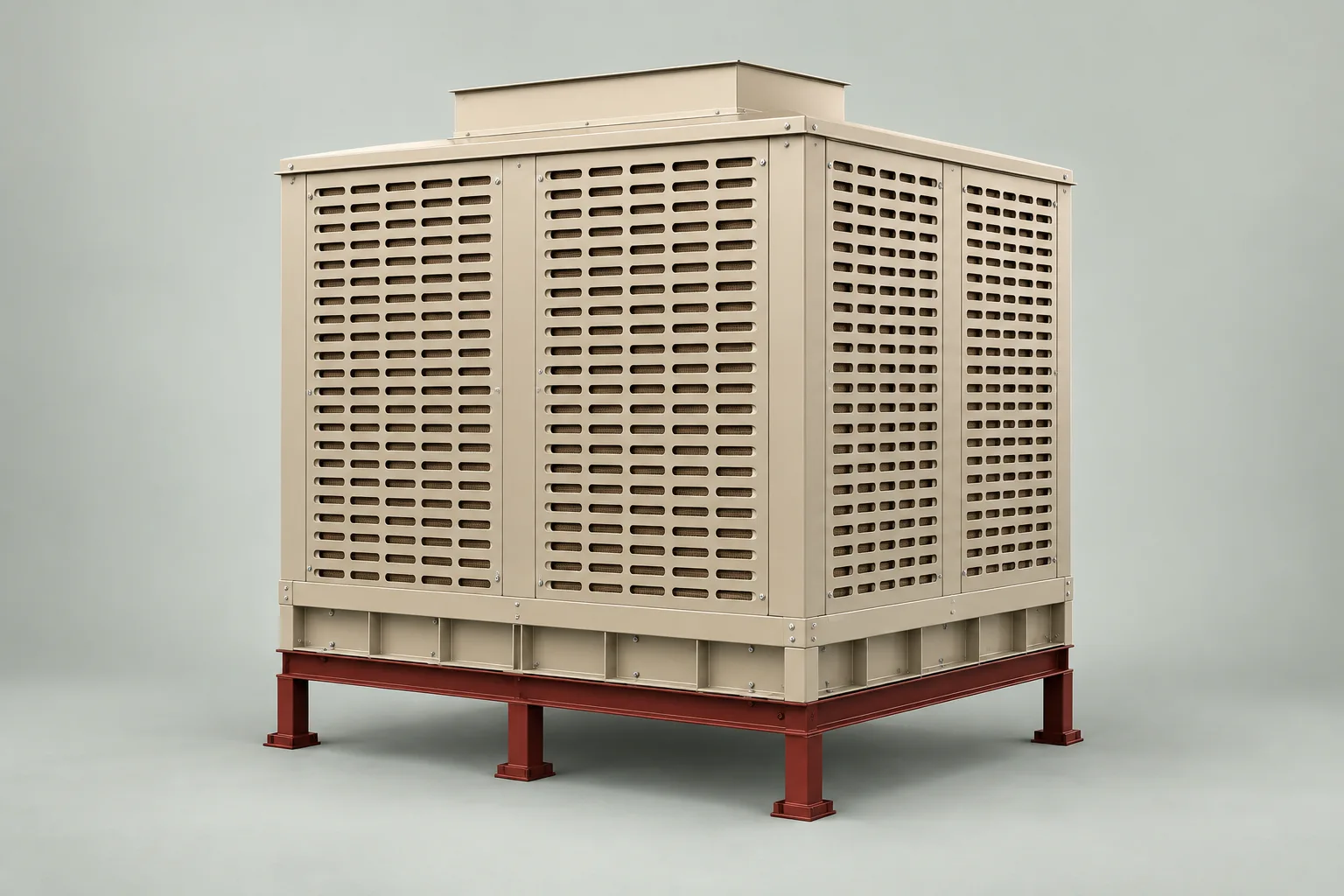 Illustration of a metal cooler cabinet with louvred panels and reinforced frame