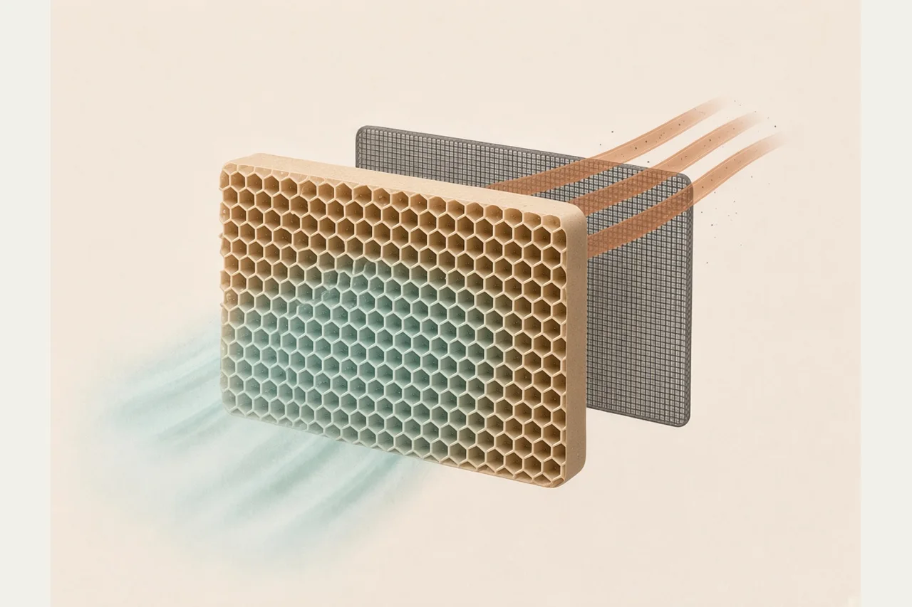 Diagram of hot dusty air crossing a mesh dust filter then a wet honeycomb cooling pad, exiting as cool air