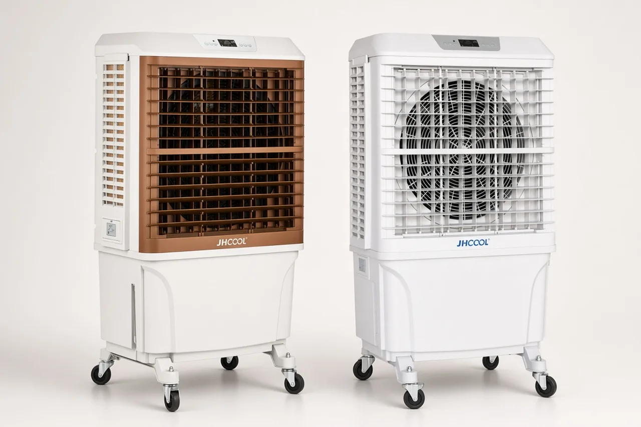 JH168 portable coolers in brown and white with caster wheels facing the camera